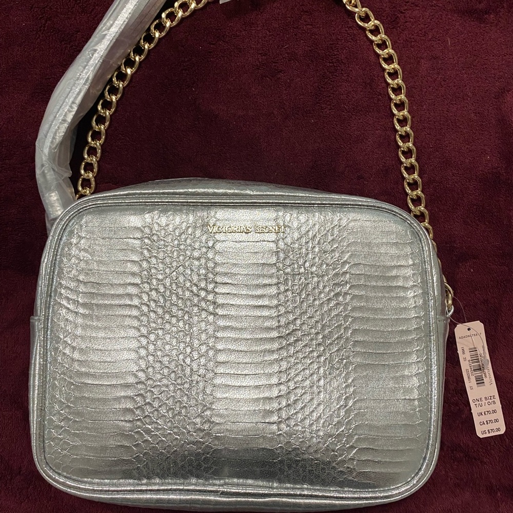 Victoria Secret Silver Metallic Crossbody Purse With Long Gold Chain